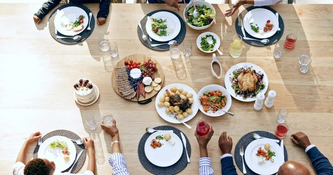 Family, lunch and happy in garden for thanksgiving with care or love in sequence for celebration. Black people, selfie and top view of table for party, event or eating with talk, kids and smile