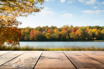 Naklejka na ściany i meble Wooden surface of new table on autumn background, colorful, deciduous, beautiful landscape background