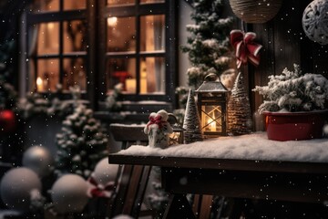 Obraz premium Lantern and Christmas decorations in front of a house. New Year night scene. AI Generated