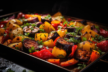 Roasted vegetables on sheet pan oven tray, grilled autumn veggies