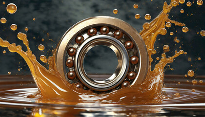 Close-up of bearing in oil splash lubrication, industrial bearing lubricant, oil bath lubrication method. - obrazy, fototapety, plakaty