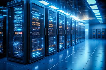 A modern data center with rows of server racks - high technology, artificial intelligence AI and data cloud computing computer systems storage and telecommunications