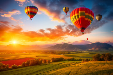 Naklejka premium A colorful hot air balloons floats in sky over a blooming field meadow of flowers landscape at sunset with orange and blue skies in the background. Travel journey adventure beauty of nature concept