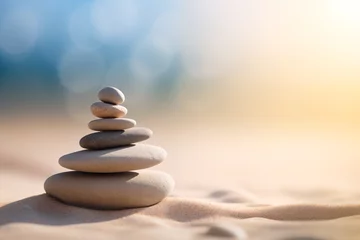 Tuinposter Zen stones stack on sand waves in a minimalist setting for balance and harmony. Balance, harmony, and peace of mind, wellness, meditation, and spirituality concept © Dmitry Rukhlenko
