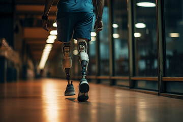 Amputee sportsman walking in corridor with bionic prosthetic legs prosthesis with robotic technology. Advancements in medical science and engineering, determination, strength, progress of the disabled