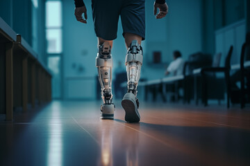 Amputee sportsman walking in corridor with bionic prosthetic legs prosthesis with robotic technology. Advancements in medical science and engineering, determination, strength, progress of the disabled