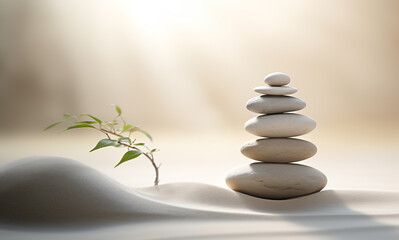 Obraz premium Zen stones stack on sand waves in a minimalist setting for balance and harmony. Balance, harmony, and peace of mind, wellness, meditation, and spirituality concept