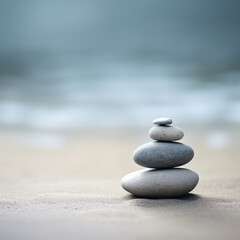 Fototapeta na wymiar Zen stones stack on sand waves in a minimalist setting for balance and harmony. Balance, harmony, and peace of mind, wellness, meditation, and spirituality concept