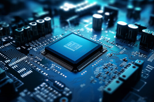 Close-up image of a blue circuit board with a central microchip processor CPU with various electronic components and connections. Technology, computer hardware, and manufacturing industries