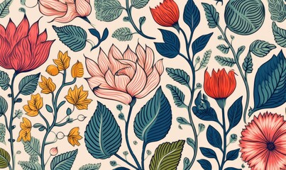 Floral Fabric Antique Vintage Style Pattern, Retro Look, Botanical Style, elaborate, intricate, grand, glorious, chic, leafy, flora, design, wallpaper background set design backdrop pink red orange