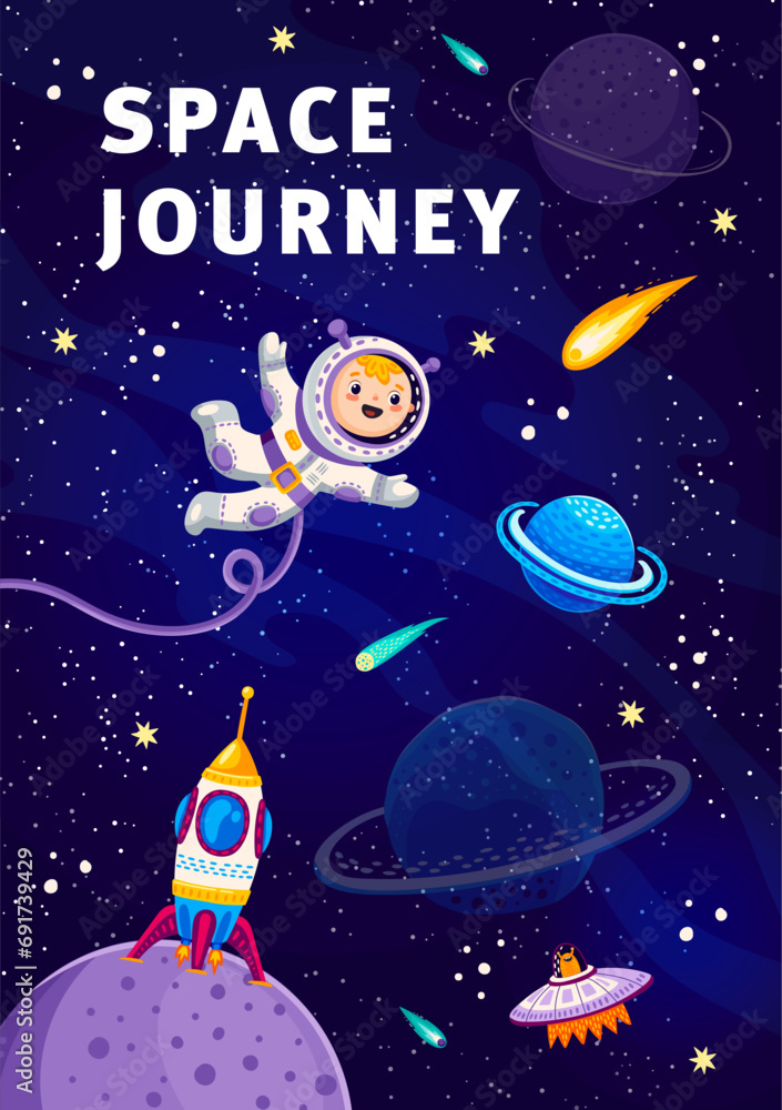 Poster cartoon kid astronaut spaceman on outer space. galaxy discovery vector banner or poster with cheerfu