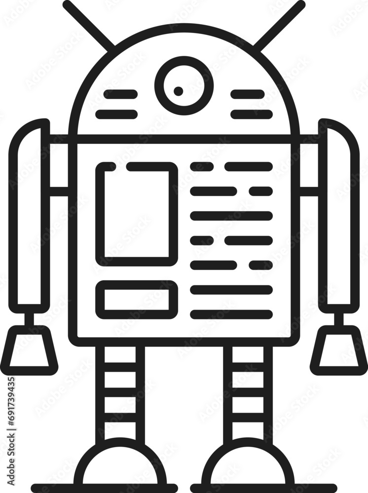 Fototapete Robot line and outline icon. Isolated vector linear metallic humanoid figure with one eye, sharp angles, and futuristic elements, representing technology, automation, and artificial intelligence