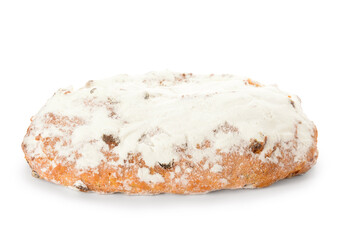 Tasty Christmas stollen on white background