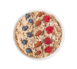 Tasty boiled oatmeal with berries and almonds in bowl isolated on white, top view