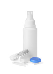 Cases with color contact lenses, bottle of cosmetic product and tweezers isolated on white