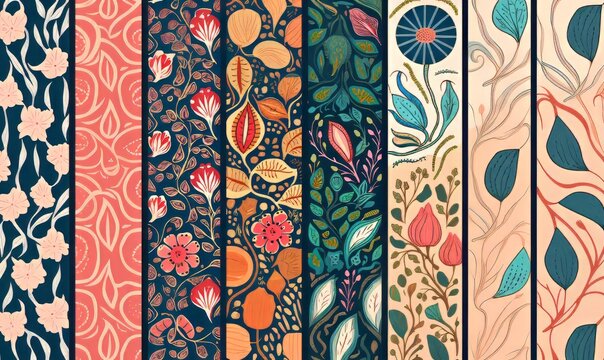 Pattern Design Set, Ethnic Asian Folk Art Floral, Pakistani Indian Inspired Art, Textile Fabric Style, Vintage Retro, Eclectic Intricate Botanical Arty