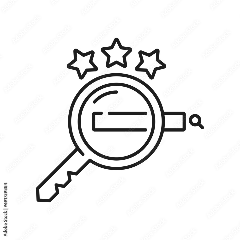 Aufkleber Keywords, keys reviewed rate rank. SEO optimization of website icon. Vector gear under magnifier, data and words analysis, keywords find search strategy