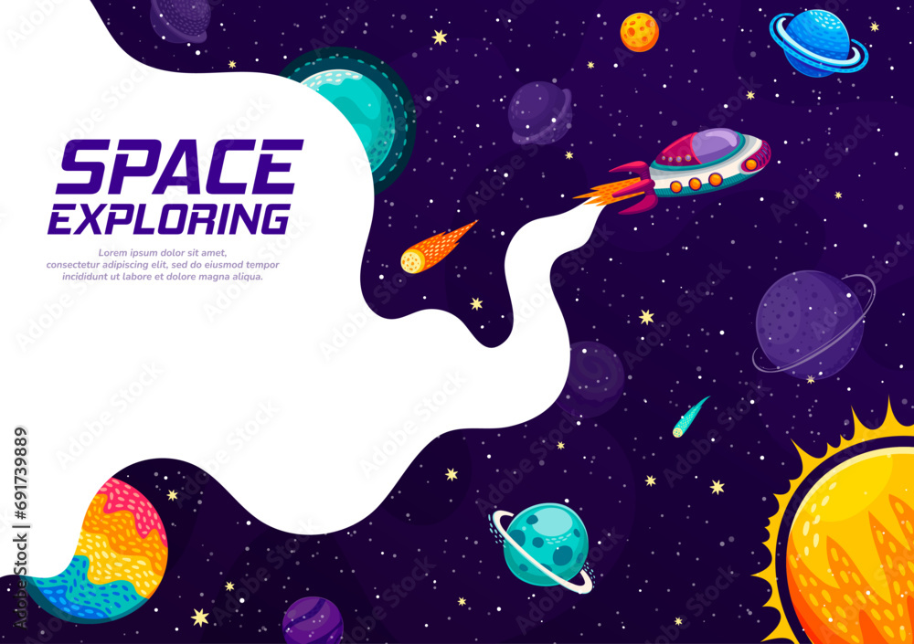 Poster space explore, cartoon spaceship flying in galaxy space to planets, vector background. outer space a