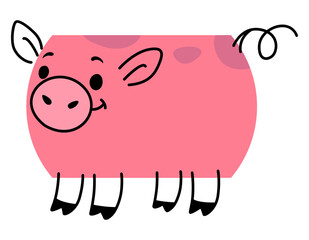 Cartoon pig animal character with math shape. Cute pink piglet or piggy vector personage with rectangular body and funny tail. Mathematics and basic geometry shape kids education, farm animal emoji