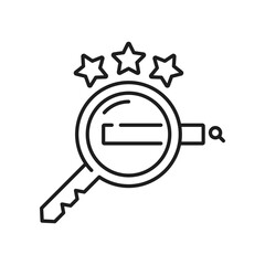 Keywords, keys reviewed rate rank. SEO optimization of website icon. Vector gear under magnifier, data and words analysis, keywords find search strategy