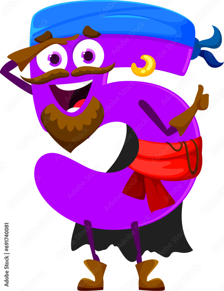 Aufkleber cartoon funny number five pirate and corsair character. isolated vector arithmetic educational digit