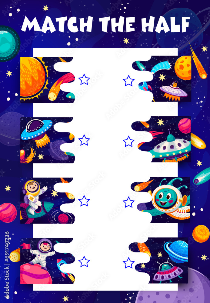 Poster match the half of cartoon space characters game puzzle quiz. vector kids education worksheet with fu