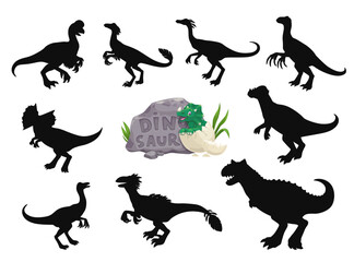Cartoon dinosaurs funny characters silhouettes. Extinct reptile, Jurassic dinosaur vector mascot. Carnotaurus, Oviraptor, Pachycephalosaurus and Dilophosaurus, Compsognathus, Gallimimus cute personage