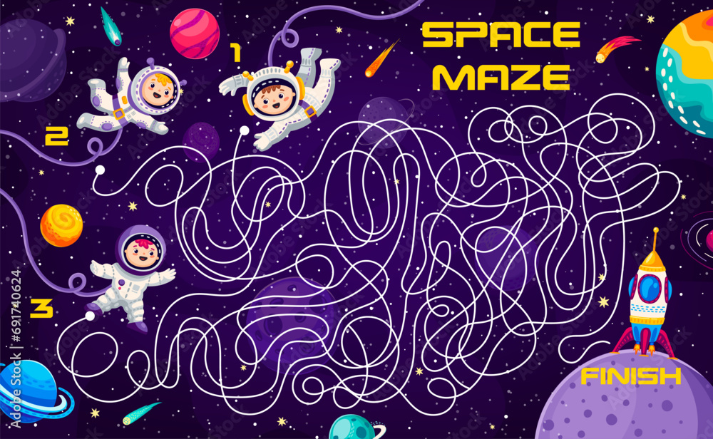 Aufkleber Help to astronauts find spaceship in labyrinth maze, vector quiz game for kids. Help kid spaceman find way to space rocket on galaxy planet with tangled path on cartoon labyrinth maze worksheet
