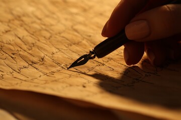 Woman writing letter with fountain pen, closeup - obrazy, fototapety, plakaty