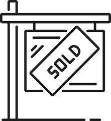 Real estate icon of house sold sign for home and residential apartment sales, vector outline. Real estate agent service or construction developer pictogram of house sold sign in outline symbol