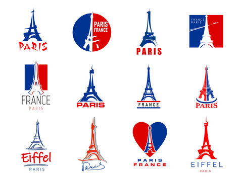 Paris Eiffel tower icons, France travel symbols. Paris famous landmark, French travel or European vacation tour or tourism abstract vector signs. France city architecture icons with Eiffel tower