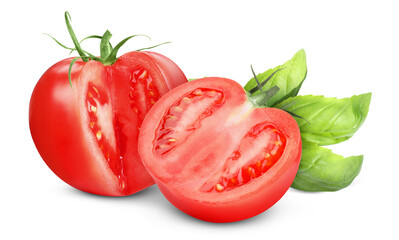 Fresh tomatoes and basil leaves isolated on white