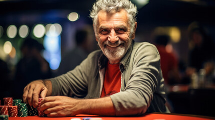 Obraz premium Poker player. Young guy in the casino at the gaming table. Man gambling, card games. Cards, chips, whiskey, cigarettes, poker, card game, gambling - gambling concept.