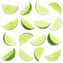 Lime wedges on white background, set. Citrus fruit