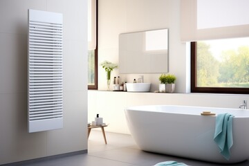 Fototapeta na wymiar Bathroom with white radiator, window, and plants