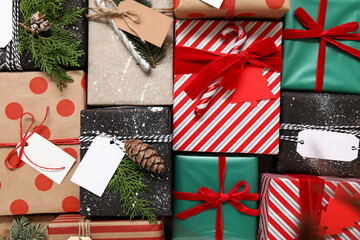 Beautiful Christmas gift boxes as background, closeup