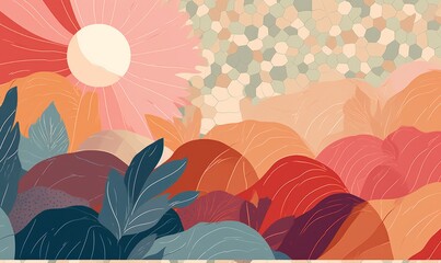 Abstract Artistic Landscape Pattern Background Wallpaper Soft Colours Eco Natural Look Impressionist Wild Nature organic abstract shapes, mosaic look, hand painted style, floral, sun, sky, grasses
