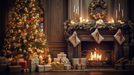 Obraz premium Beautiful Victorian style living room with a fireplace, decorated New Year tree and gift boxes. Christmas ambience. AI Generated