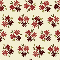 Small bouquets seamless pattern. Hand drawn monochromatic red flowers and leaves on beige background. Delicate floral allover print