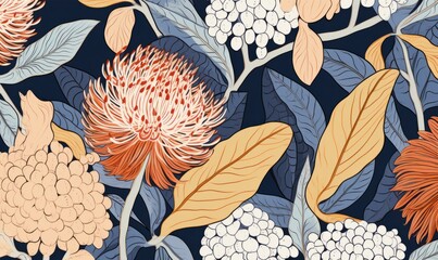 Fluffy Flower Banksia Native Flowers Pattern Fabric Textile Art Eco Nature Botanical Soft Colours Eco Natural Colours Muted Tones soft pink and orange, red, blue shades, leaves  - obrazy, fototapety, plakaty