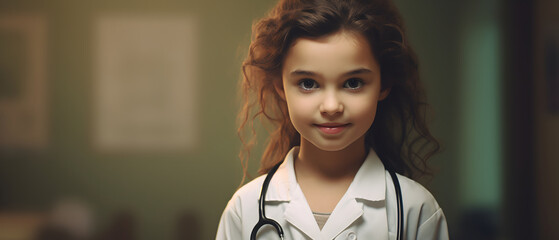 girl dressed as a doctor playing to fulfill her dreams and goals in the future - obrazy, fototapety, plakaty
