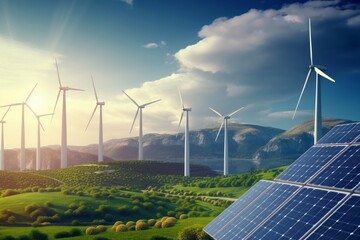 The generation of sustainable green energy using solar energy panel photovoltaic cells and wind turbine farms is a friendly enterprise. clean and sustainable development. Generative AI 