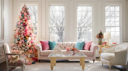 Colorful Christmas decor in a sunny room.