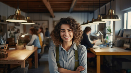 A stylish woman with a contagious smile stands confidently in a trendy restaurant, her curly hair and suspenders adding to her unique and modern look as she chats with friends at a chic table surroun