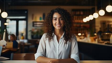 A content woman sits at a table in a cozy restaurant, her human face adorned with a smile as she takes in the stylish furniture against the backdrop of the intricate wall and elegant ceiling - obrazy, fototapety, plakaty