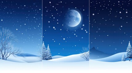 three with snowy cold night landscape under the moon.Christmas time
