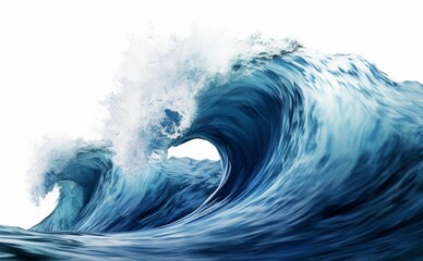 Large stormy sea wave in deep blue, isolated on white. Nature of the climate. in front. Generative AI 