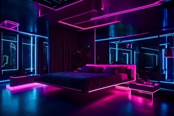 A cozy neon-lit bedroom adorned with holographic artwork and a translucent canopy bed, casting a...
