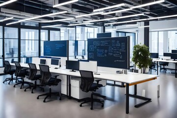 A tech company's innovation lab with whiteboard walls, high-tech equipment, and flexible workstations, promoting a dynamic and collaborative space for research and development