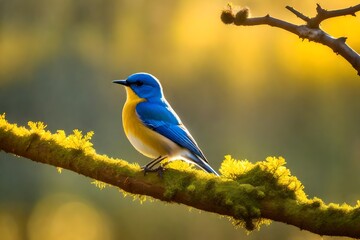 Natural background and a small blue bird perched on a branch with a small moss tree, covered in the forest by water against the yellow light of the background of the spring morning sun
